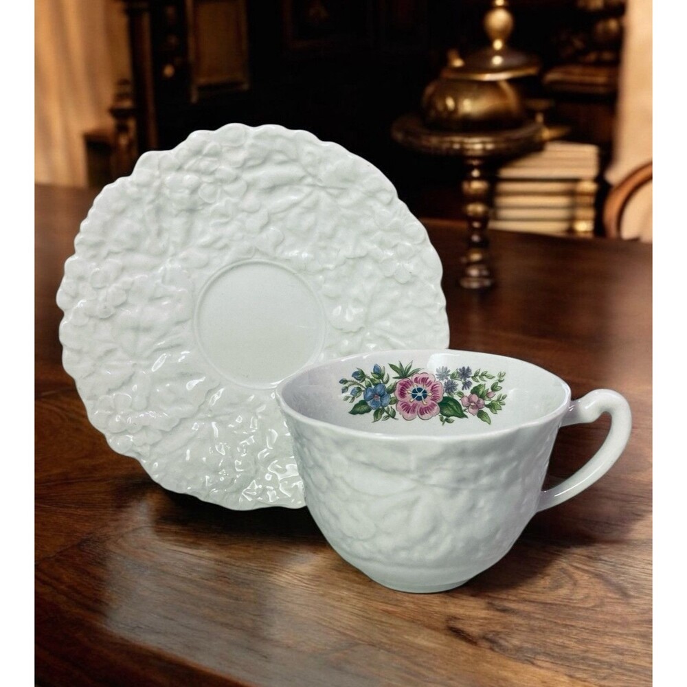 VTG Royal Cauldon Cup & Saucer Set Embossed Flowers Pink Blue Design England